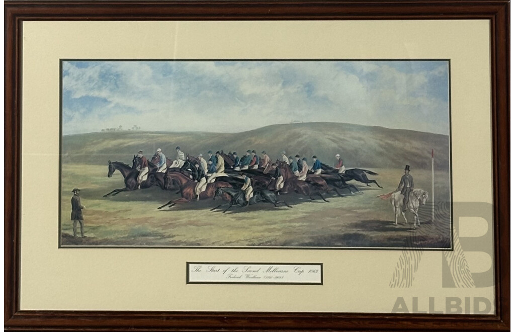 Frederick Woodhouse, (19th Century, British-Australian, 1820--1909), The Start of the Melbourne Cup, 1862, Reproduction Colour Print of the Original, 62 x 96 cm (frame)