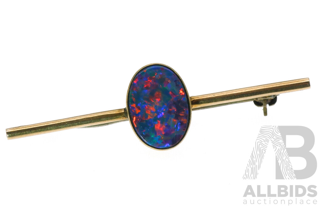 9ct Vintage Opal Doublet Bar Brooch, 55mm, 3.51 Grams