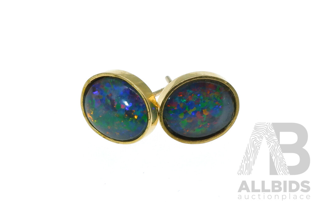 9ct Opal Triplet Bezel Set Stud Earrings, 12mm X 10mm, 3.26 Grams