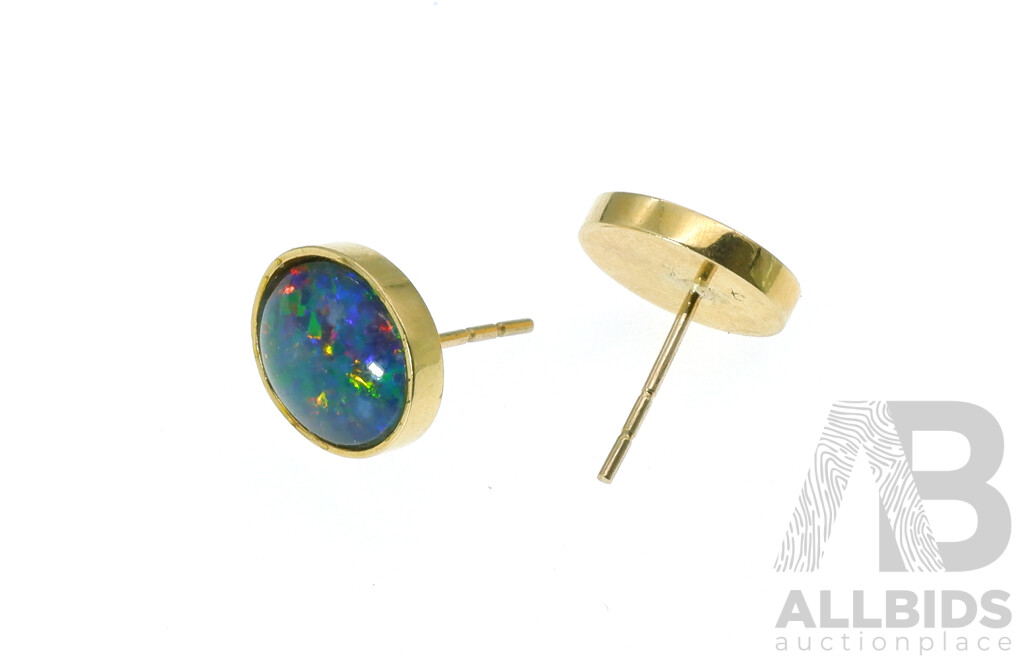 9ct Opal Triplet Bezel Set Stud Earrings, 12mm X 10mm, 3.26 Grams