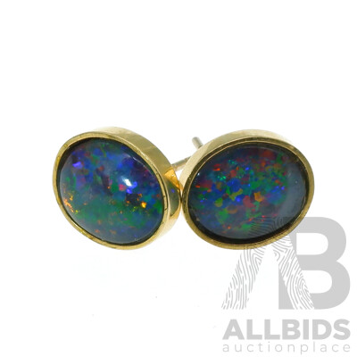 9ct Opal Triplet Bezel Set Stud Earrings, 12mm X 10mm, 3.26 Grams