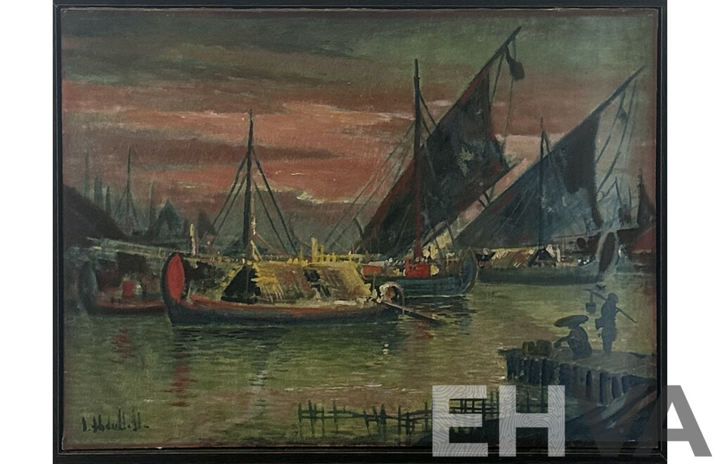 Artist Unknown, Junks in the Harbour, Vintage Oil on Canvas, 64 x 84 cm (frame)