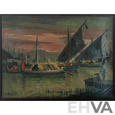 Artist Unknown, Junks in the Harbour, Vintage Oil on Canvas, 64 x 84 cm (frame)