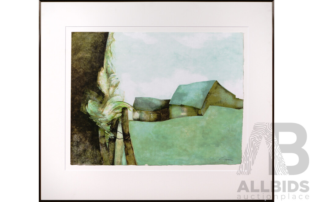 Claude Gaveau (20th Century, French,1940-2021), Les Toits Bleus (Blue Roof), Colour Lithograph, 76 x 89 cm (frame)