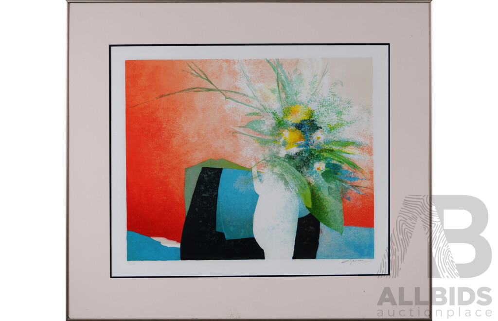 Claude Gaveau (20th Century, French,1940-2021), Bouquet Au Pot Blanc, (Flowers in White Vase), Colour Lithograph, 73 x 84 cm (frame)