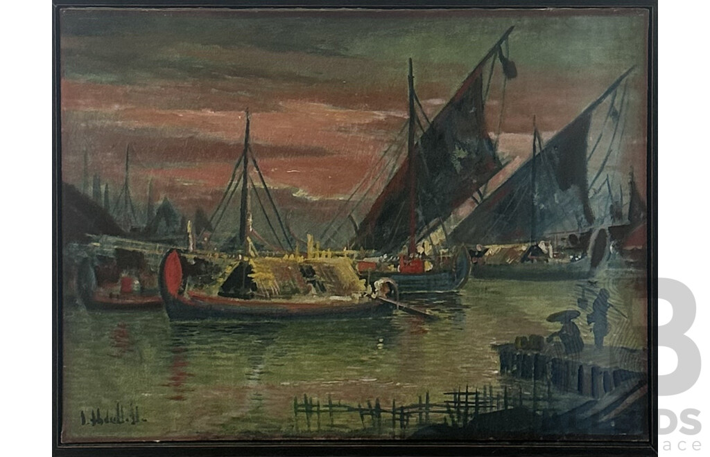 Artist Unknown, Junks in the Harbour, Vintage Oil on Canvas, 64 x 84 cm (frame)