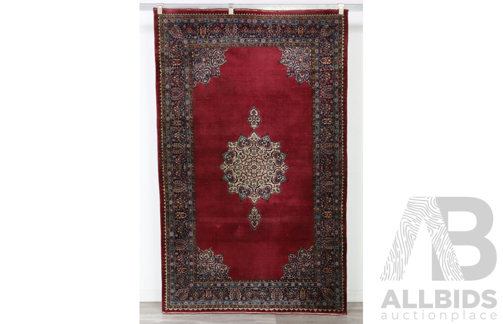 Vintage Hand Knotted Persian Wool Rug with Deep Red Field