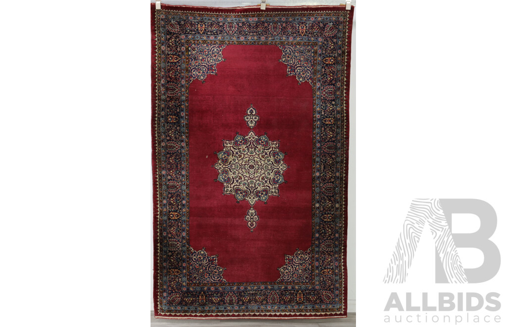 Vintage Hand Knotted Persian Wool Rug with Deep Red Field