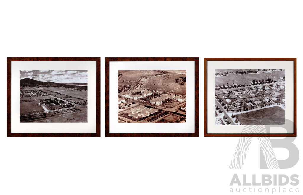 Trio of Framed Vintage Photographs of Developing Canberra - Northbourne Avenue (Melbourne and Sydney Buildings), War Memorial and a Growing Unnamed Suburb, 58 x 68 cm (larger frame) (3)