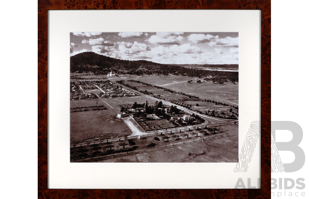 Trio of Framed Vintage Photographs of Developing Canberra - Northbourne Avenue (Melbourne and Sydney Buildings), War Memorial and a Growing Unnamed Suburb, 58 x 68 cm (larger frame) (3)