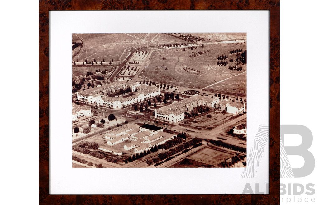 Trio of Framed Vintage Photographs of Developing Canberra - Northbourne Avenue (Melbourne and Sydney Buildings), War Memorial and a Growing Unnamed Suburb, 58 x 68 cm (larger frame) (3)