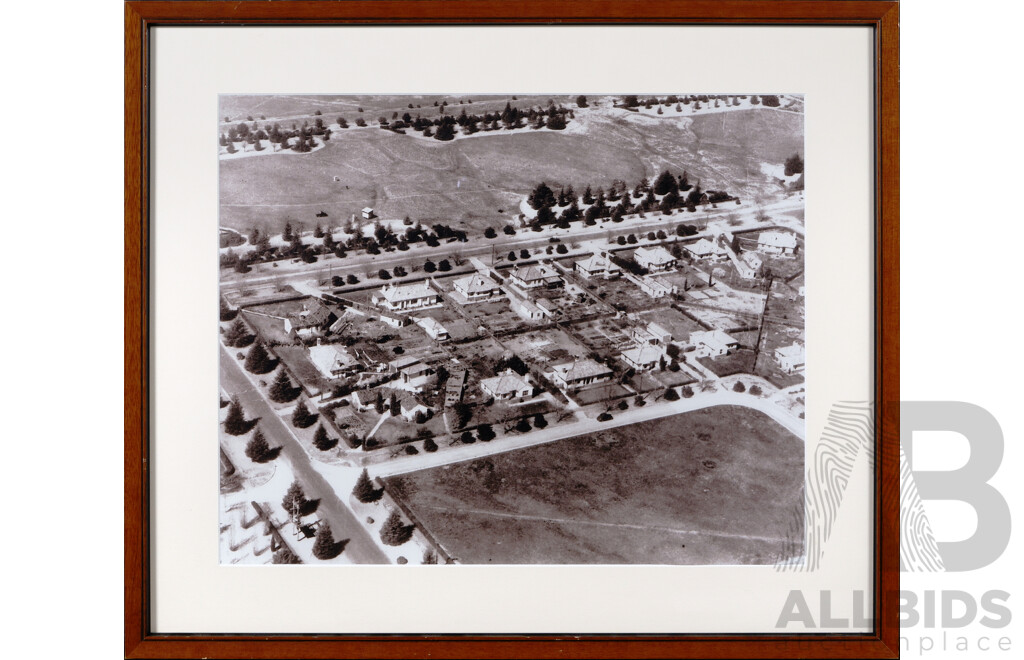 Trio of Framed Vintage Photographs of Developing Canberra - Northbourne Avenue (Melbourne and Sydney Buildings), War Memorial and a Growing Unnamed Suburb, 58 x 68 cm (larger frame) (3)