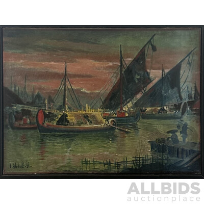 Artist Unknown, Junks in the Harbour, Vintage Oil on Canvas, 64 x 84 cm (frame)