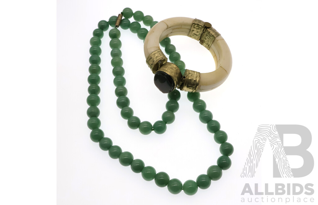 Vintage Jade Beaded Necklace, 70cm and Vintage Bone Hinged Bangle with Agate Cabochon, 56mm Diameter