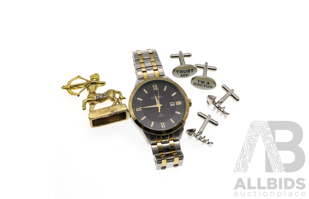 Chisel 5829236 Men's Watch with 2 Pairs of Modern Cuff Links and Centaur Gold Tone Cast Sculpture