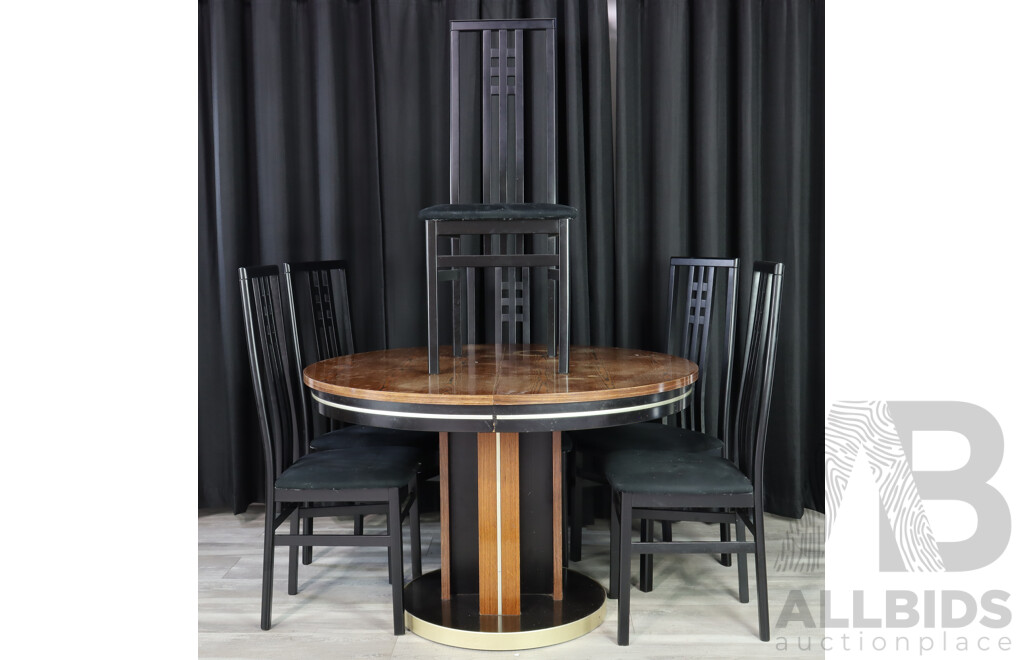 Round Modernist Dining Table With Six Black Lacquered Chairs