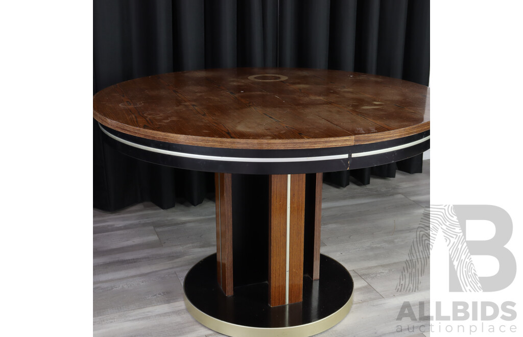 Round Modernist Dining Table With Six Black Lacquered Chairs