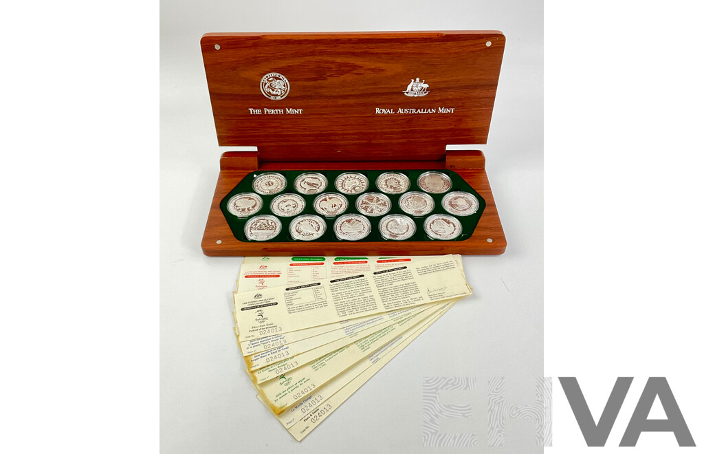 Australian RAM/Perth Mint 2000 Sydney Olympics Sixteen Silver Five Dollar Proof Coins in Jarrah Presentation Case .999