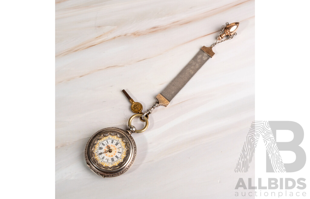 Vintage Cylindre 10 Rubis Silver (800) 45mm Open Hunter Pocket Watch with Short Mesh Fob and Key