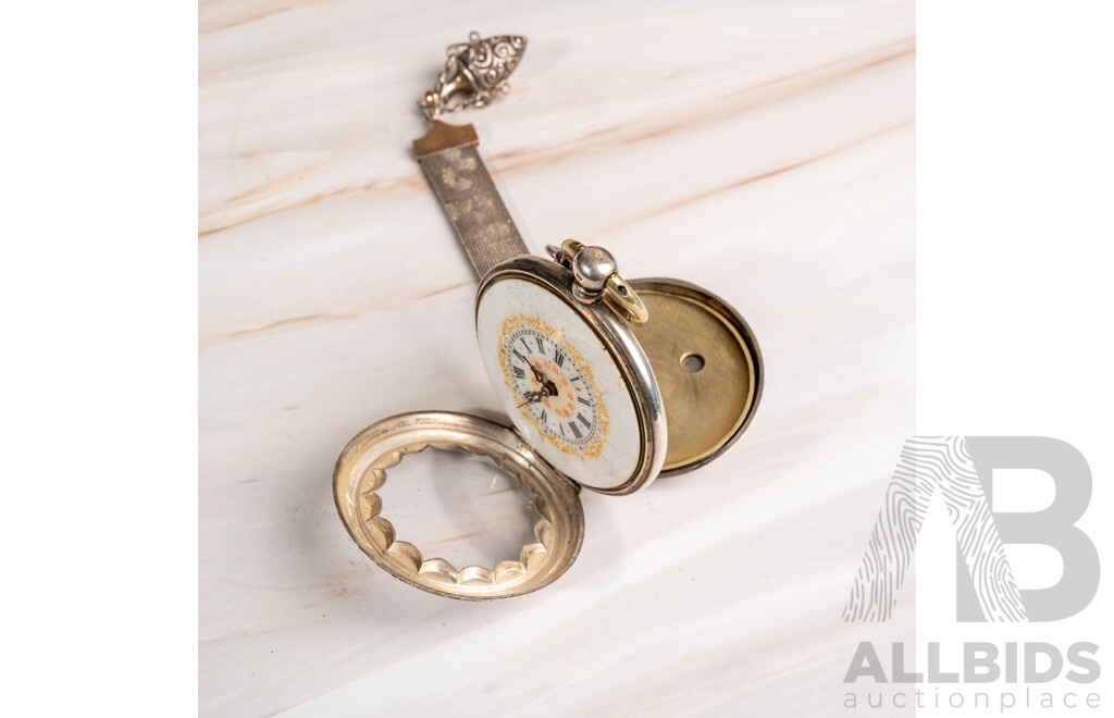 Vintage Cylindre 10 Rubis Silver (800) 45mm Open Hunter Pocket Watch with Short Mesh Fob and Key