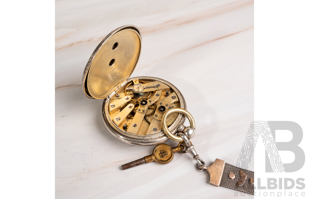 Vintage Cylindre 10 Rubis Silver (800) 45mm Open Hunter Pocket Watch with Short Mesh Fob and Key