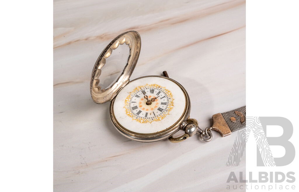 Vintage Cylindre 10 Rubis Silver (800) 45mm Open Hunter Pocket Watch with Short Mesh Fob and Key