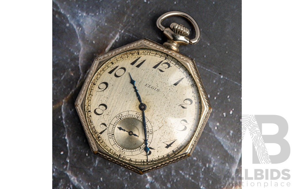 Elgin Illinois Antique Open Face Hunter Pocket Watch, Art Deco C.1926, Rolled White Gold, Observed with Movement