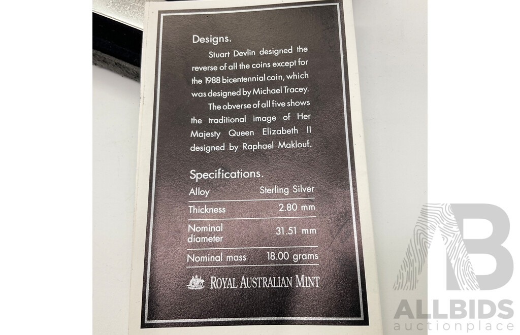 Australian RAM Master Pieces in Silver, Commemorative Fifty Cent Coins 1970 Captain Cook, 1977 Jubilee, 1981 Charles and Diana, 1982 Commonwealth Games, 1988 Tall Ships