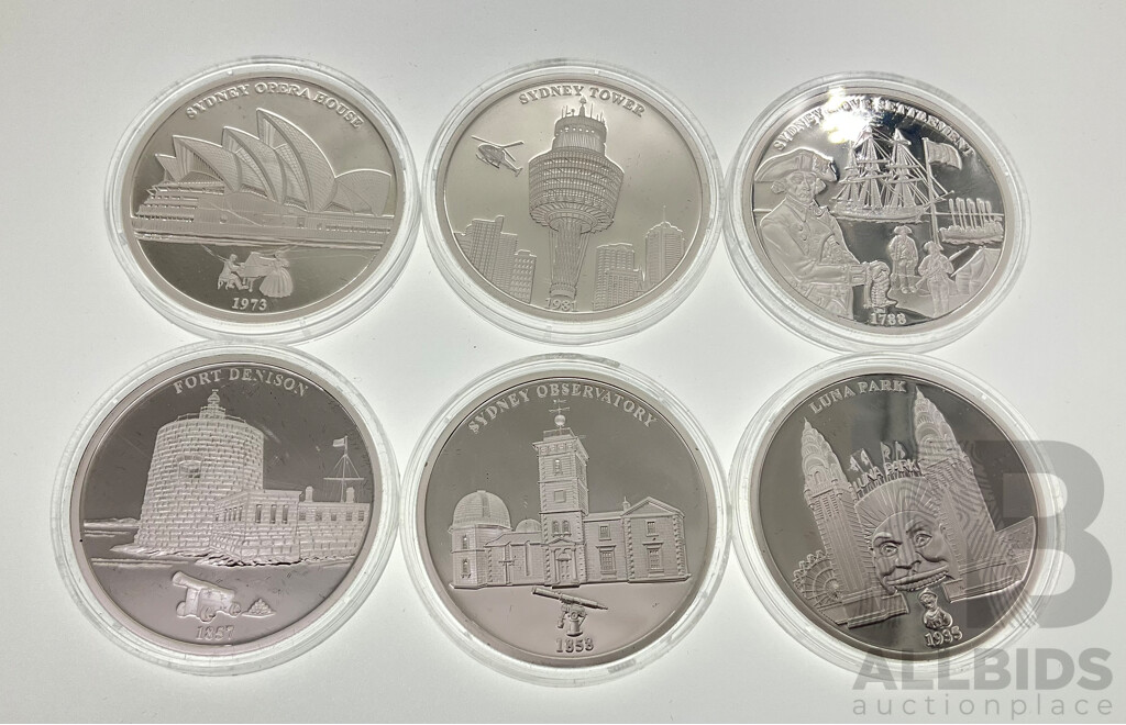 Australian Macquarie Mint 225 Years of Sydney Silver Plated Coins, Fort Denison, Luna Park, Opera House, Sydney Tower, Cove Settlement, Sydney Observation