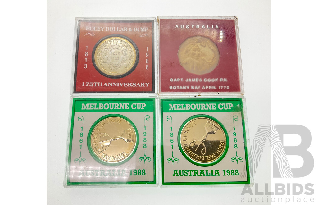 Australian Commemorative Coins Including 1970 Fifty Cents, Captain Cook, 1988 Holey Dollar & the Dump 175th Anniversary, 1988 Melbourne Cup