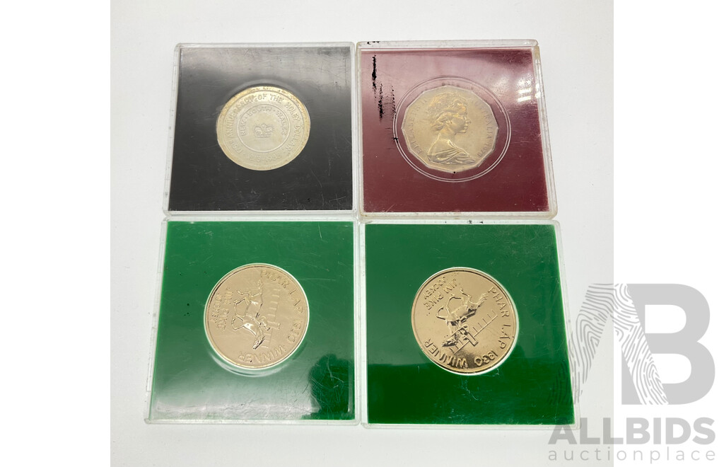 Australian Commemorative Coins Including 1970 Fifty Cents, Captain Cook, 1988 Holey Dollar & the Dump 175th Anniversary, 1988 Melbourne Cup