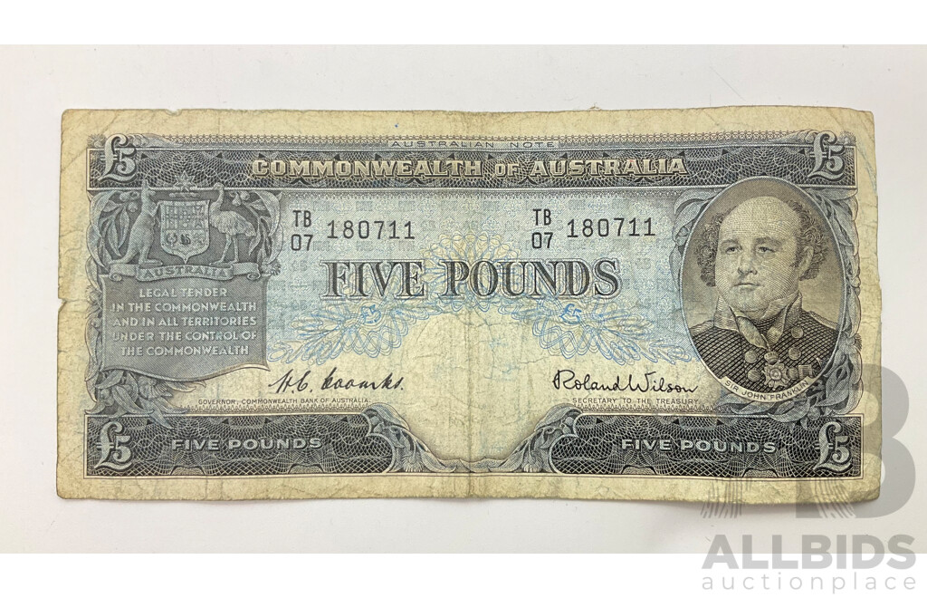 Australian 1954 Five Pound Note Coombs/Wilson R49, TB 180711