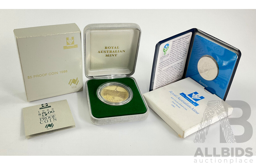 Two Australian RAM Commemorative Coins, 1985 Silver Ten Dollar, State Series Victoria, 1988 Proof Five Dollar, New Parliament House Opening