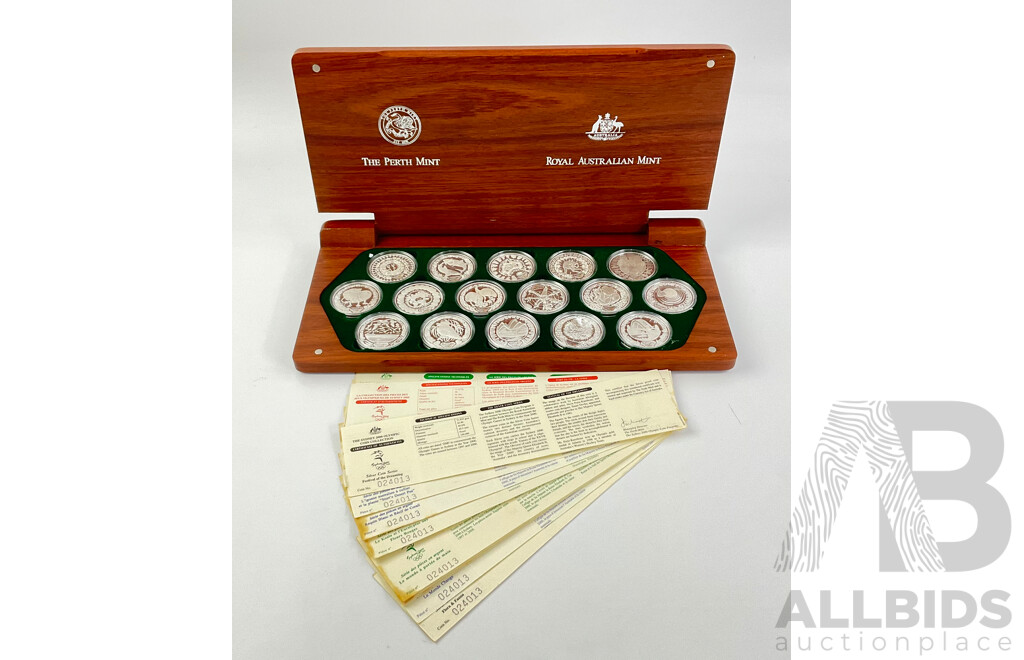 Australian RAM/Perth Mint 2000 Sydney Olympics Sixteen Silver Five Dollar Proof Coins in Jarrah Presentation Case .999