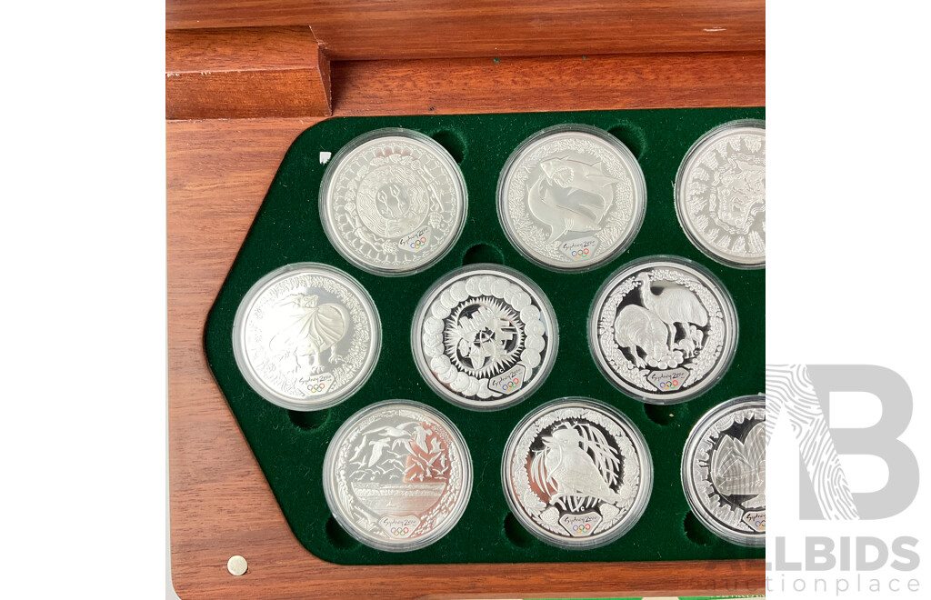 Australian RAM/Perth Mint 2000 Sydney Olympics Sixteen Silver Five Dollar Proof Coins in Jarrah Presentation Case .999