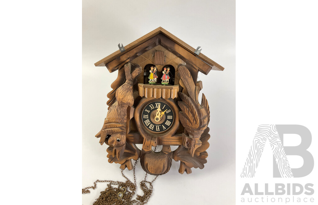 Vintage German Musical Hunters Cuckoo Clock with Carved Rabbit, Bird and Dancing Couples