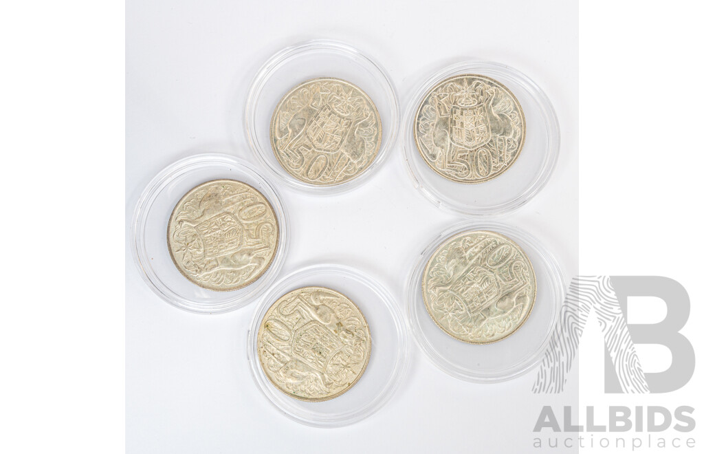 Five Australian 1966 Round Silver Fifty Cent Coins .800