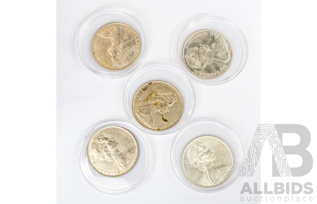 Five Australian 1966 Round Silver Fifty Cent Coins .800