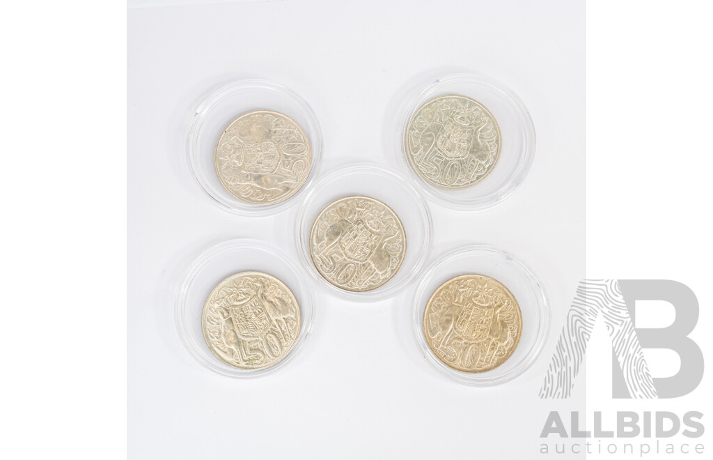 Five Australian 1966 Round Silver Fifty Cent Coins .800