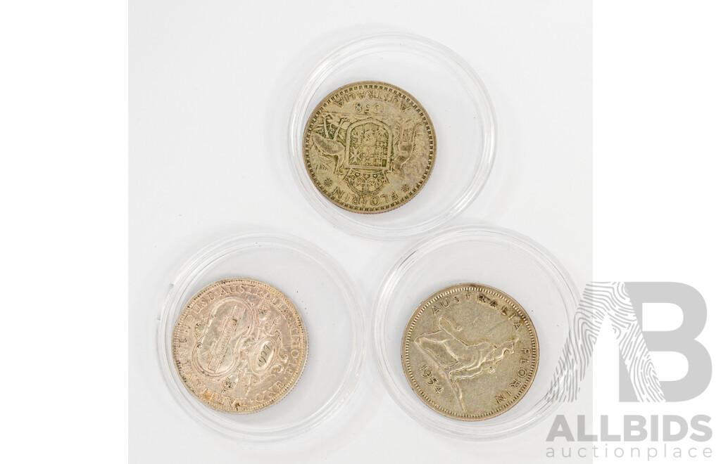 Three Australian Silver Florins, 1927 and 1954 Commemorative, 1958