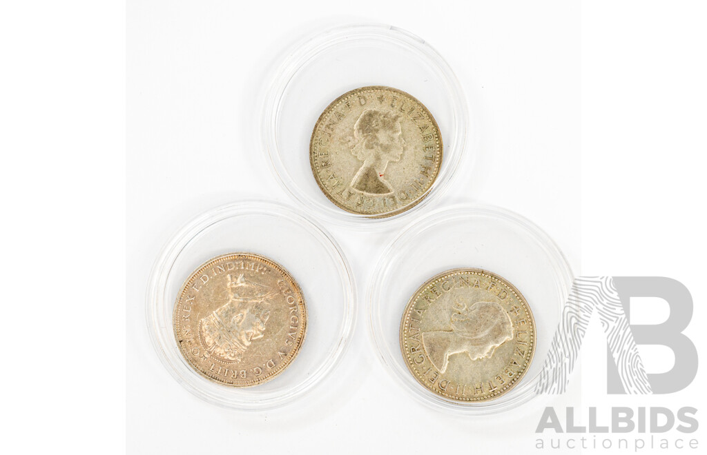 Three Australian Silver Florins, 1927 and 1954 Commemorative, 1958