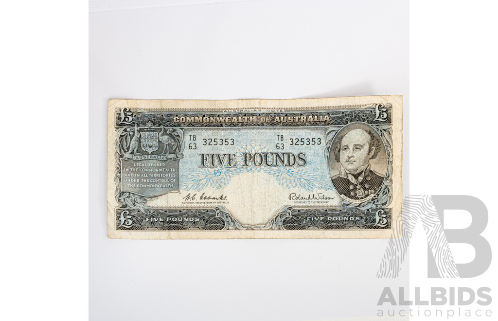 Australian 1960 Five Pound Note, Coombs/Wilson R50, TB325353