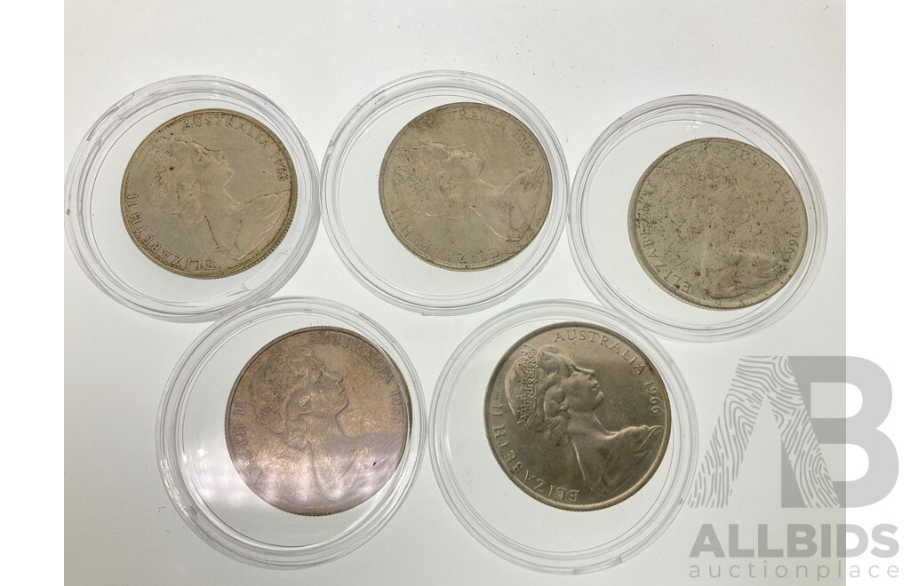Five Australian 1966 Round Silver Fifty Cent Coins .800