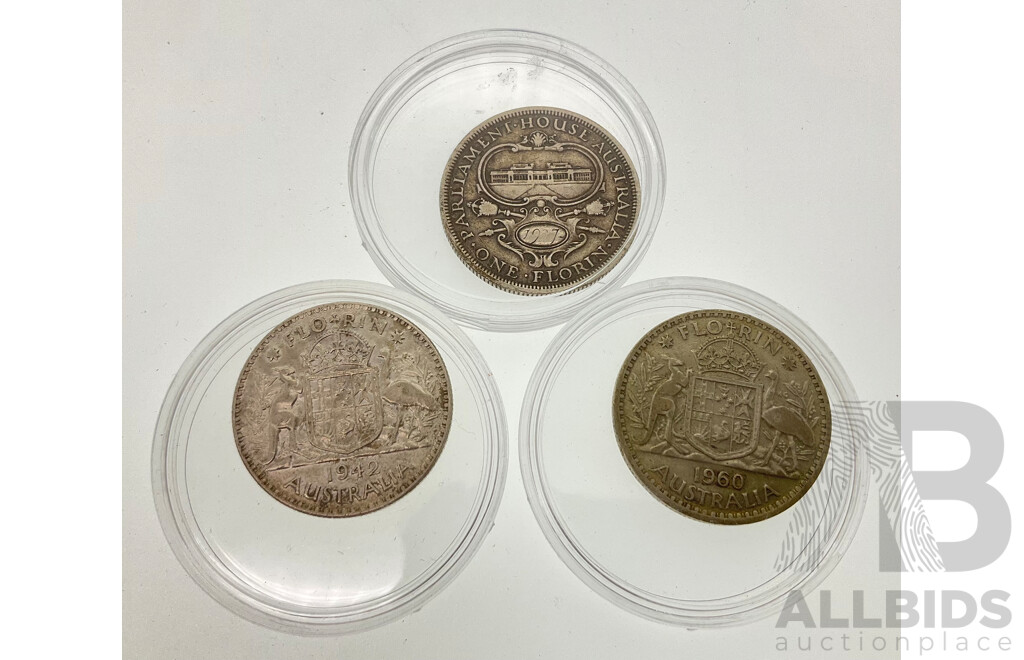 Three Australian Silver Florins Including 1927 Commemorative, 1942 and 1960