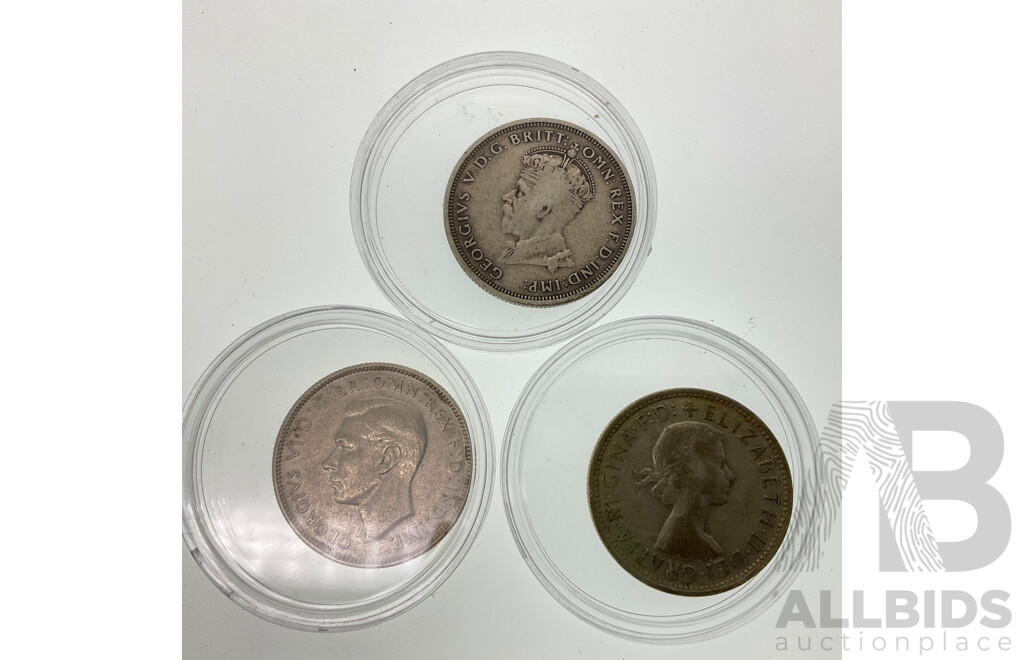 Three Australian Silver Florins Including 1927 Commemorative, 1942 and 1960