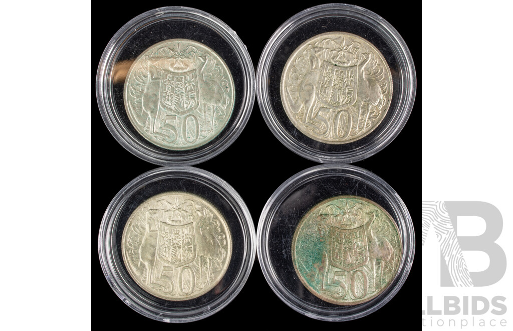 Four Australian 1966 Round Silver Fifty Cent Coins .800