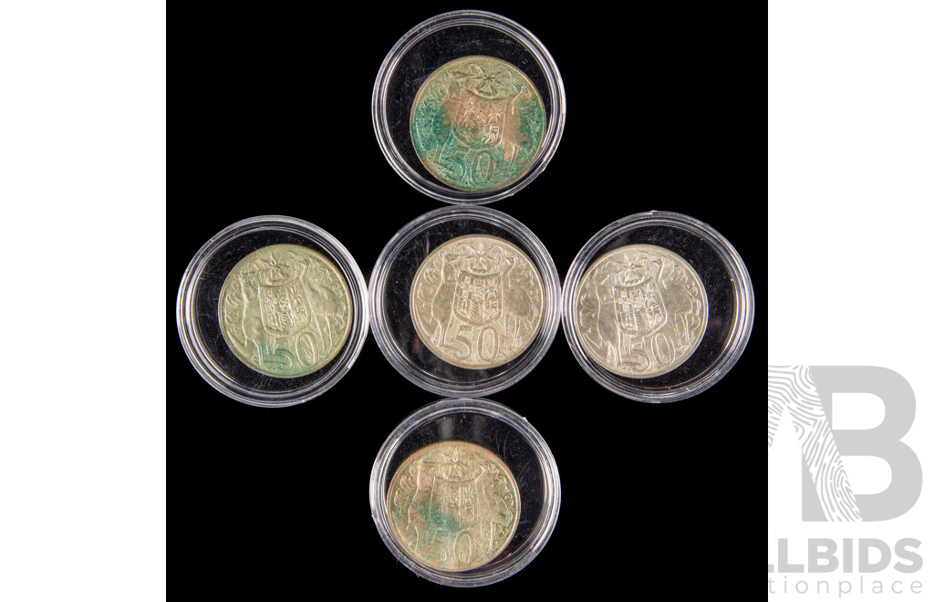 Five Australian 1966 Round Silver Fifty Cent Coins .800