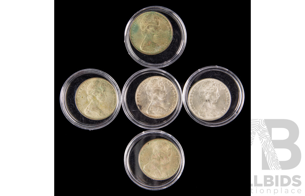 Five Australian 1966 Round Silver Fifty Cent Coins .800