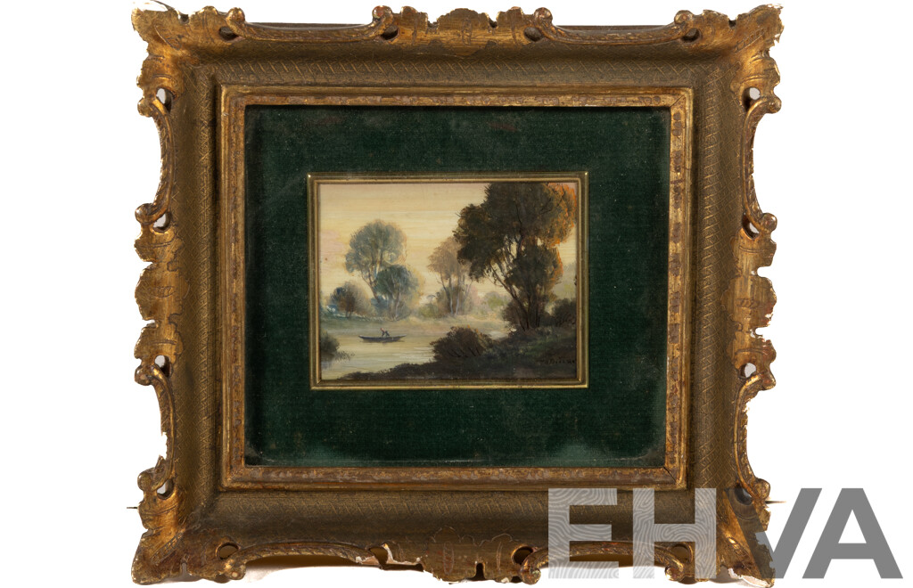 Artist Unknown, Boat Ride, Wonderful Vintage Miniature Oil on Board, Beautiful Ornate Gold Frame with Green Velvet Trim, 19 x 21 cm (frame)