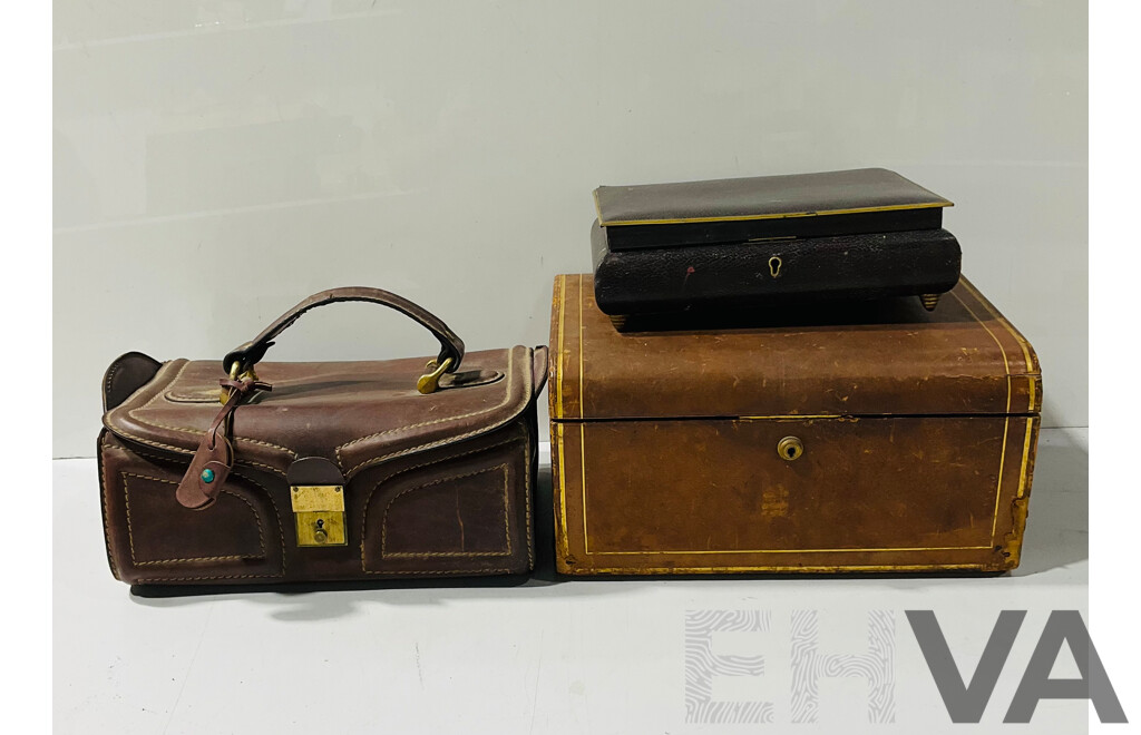 Vintage Leather Covered Scottish Jewellery Box, Antique Heavy Leather Bag and Another Jewellery Box